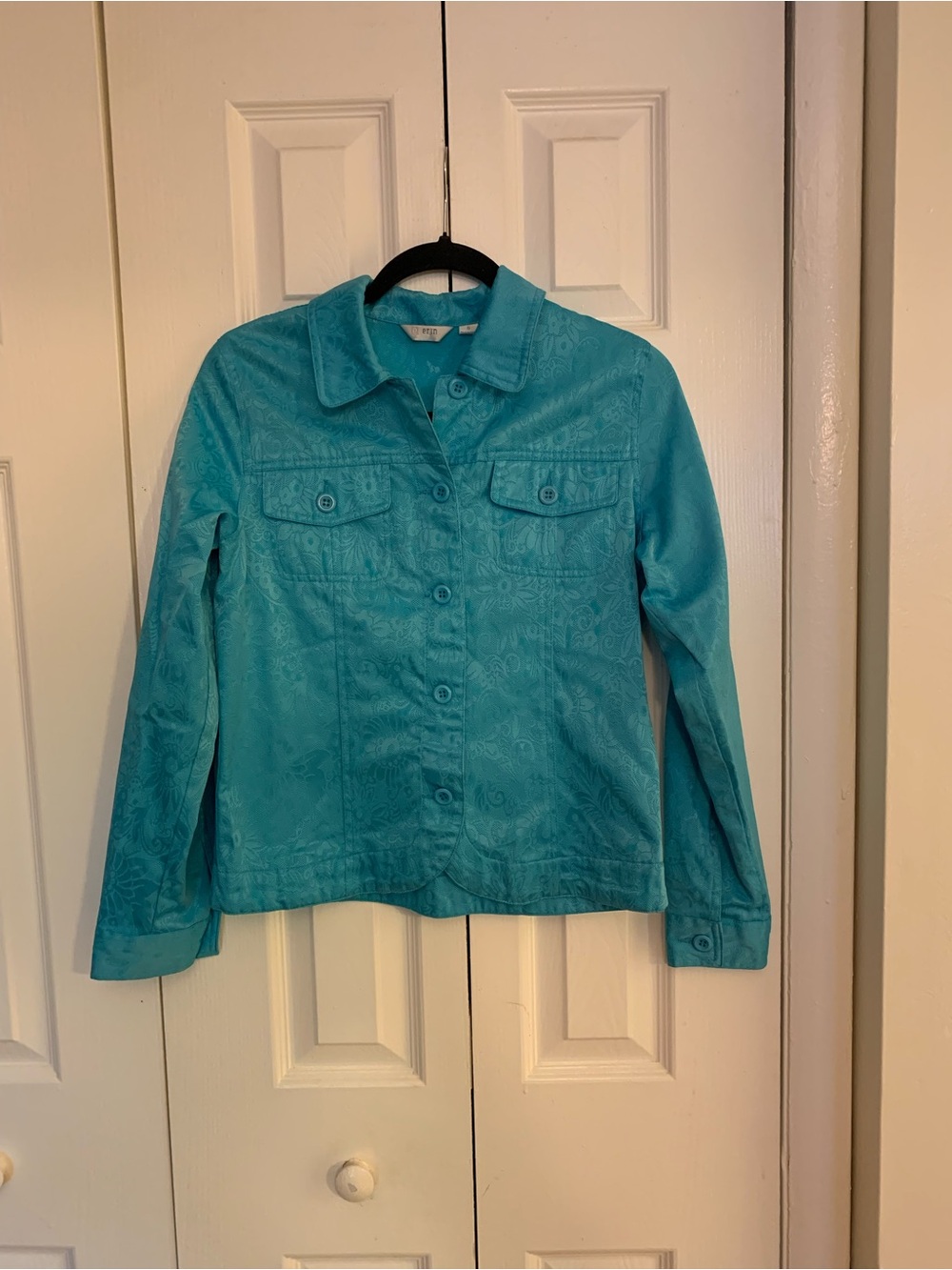 Women's Teal Button-Front Jacket - Lightweight Floral Texture